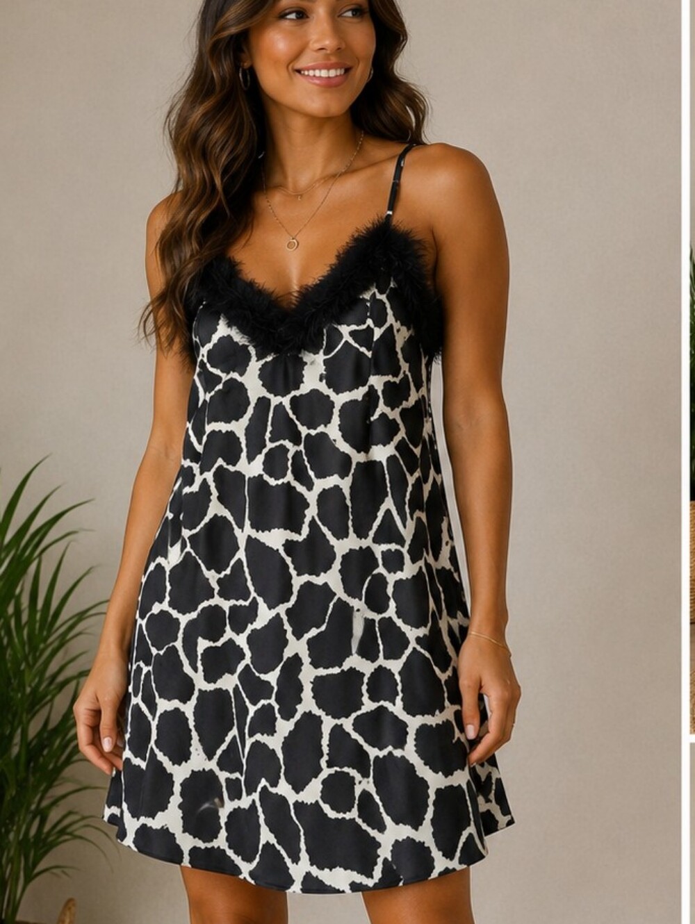 Cinema‎ Etoile Vintage Giraffe Print Slip Dress With Black Feather Trim